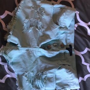 Teal denim high waisted shorts